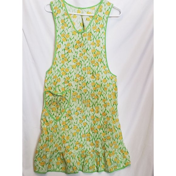 Vintage Apron Handmade Pullover Tie Waist Lime Green Yellow Daisy Print Pocket - Picture 1 of 11